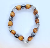 HANDMADE HEMATITE STONE & OLIVE WOOD WITH ICONS ELASTIC BRACELET / STUNNING