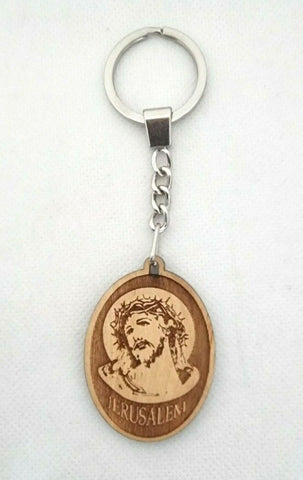 Hand Made Olive Wood Engraved Jesus Head Crown of Thorns Keyring, From Jerusalem, The Holy Land
