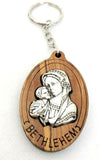 Hand Made Olive Wood Mary & Baby Jesus Key ring, Made in Bethlehem, The Holy Land