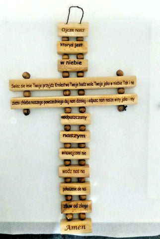 The Lord's Prayer in Polish --- Ręcznie robiony krzyż z drewna oliwnego modlitwy Pańskiej/Ojcze nasz z Jerozolimy