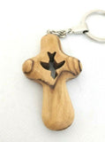Olive Wood Comfort Cross Engraved Holy Spirit Key ring, Made in the Holy Land