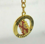 Jerusalem Cross Golden Keyring, Rotating Centre, engraved Jerusalem / Bethlehem