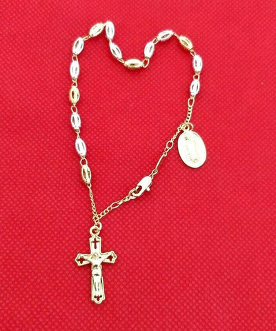 Stunning Silver & Gold Plated Single Decade Rosary Beads Bracelet with Icon.