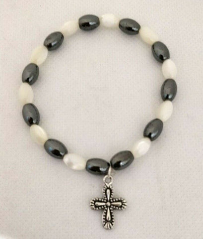 Mother Of Pearl and Hematite Stone Bracelet With Zinc Cross