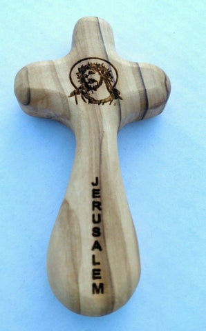 Hand Made Olive Wood Comfort Cross engraved Face of Christ, Read Description