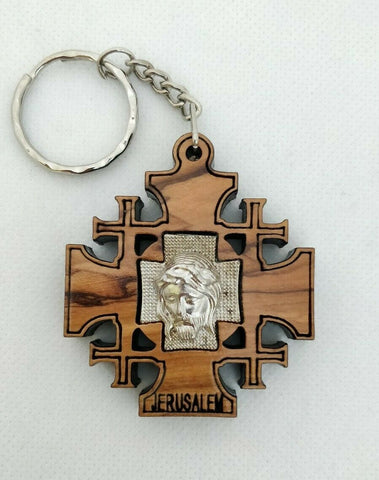 Hand Made Olive Wood Jerusalem Cross,Silver Jesus Face Key ring