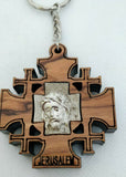 Hand Made Olive Wood Jerusalem Cross,Silver Jesus Face Key ring