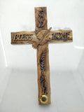 Hand carved Holy Spirit with God bless our home Olive Wood Wall Hanging Cross 20cm from Jerusalem, The Holy land
