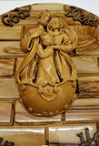 Hand made Olive Wood Plaque With Ceramic Holy Family Water& Frankincense Glass