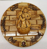 Hand made Olive Wood Plaque With Ceramic Holy Family Water& Frankincense Glass