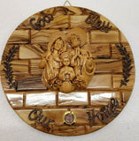 Hand Made Olive Wood Wall Plaque with Ceramic Holy Family- Frankincense Glass