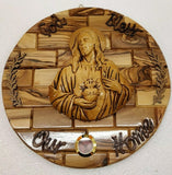 God Bless Our Home Olive Wood Wall Plaque With Ceramic Sacred Heart Of Jesus